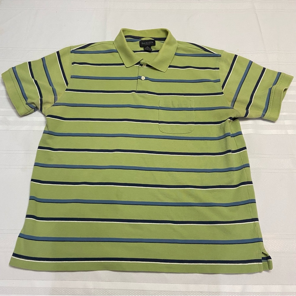 Green & Navy Stripe Mens Polo Short Sleeve Shirt-Excellent Used Condition Size L